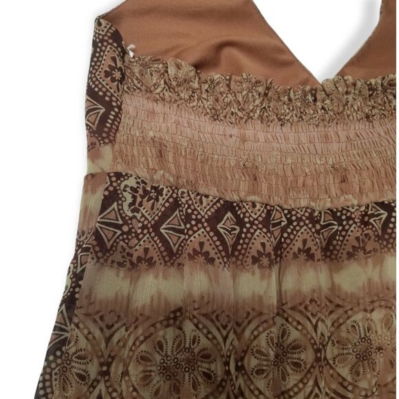 Earthy Brown Patterned Halter Dress Midi Length Smocked Nature Witch Fairy Core - Picture 7 of 9